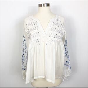 Mer + Lun Embroidered 100% Cotton Smocked Top White &. Blue Women's Oversized XS